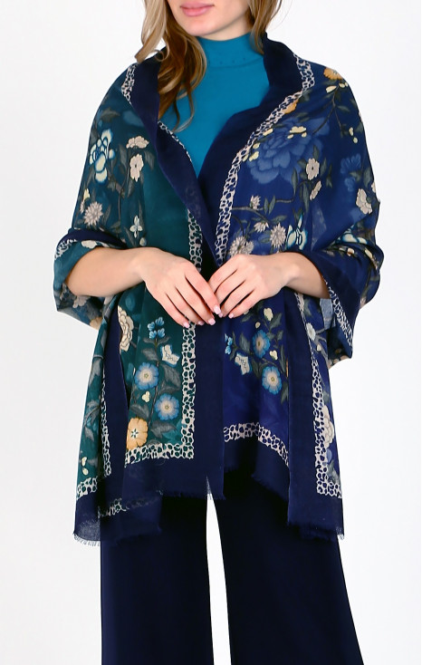 Eșarfă elegantă din l&acirc;nă și mătase, cu imprimeu Mystic Blue Floral Whisper