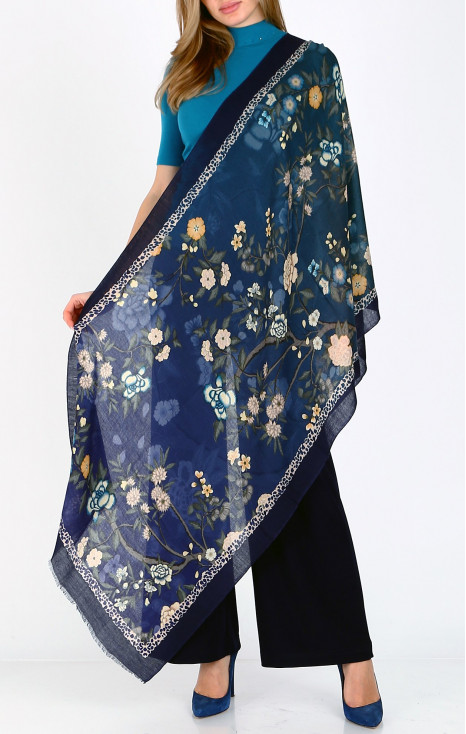 Eșarfă elegantă din l&acirc;nă și mătase, cu imprimeu Mystic Blue Floral Whisper