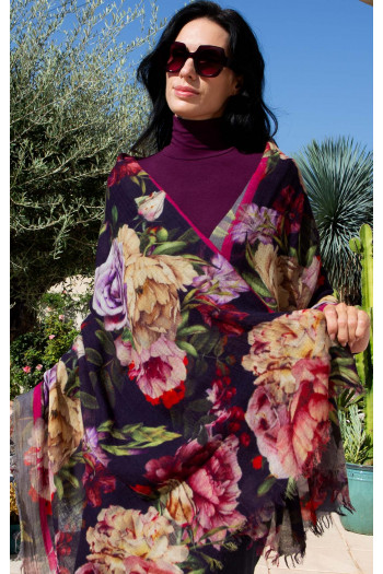 Eșarfă florală picturală din lână și modal Midnight Roses Whisper