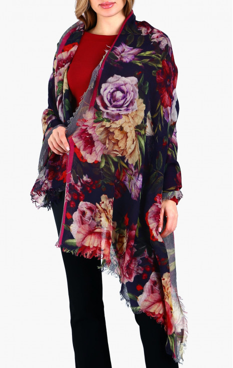 Eșarfă florală picturală din lână și modal Midnight Roses Whisper