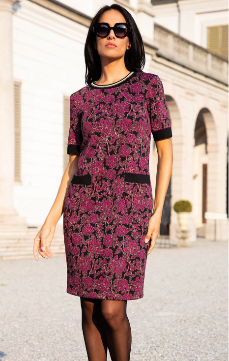 Rochie elegantă din jacquard de tricot, cu elemente florale, de culoare Magenta Haze și fire aurii