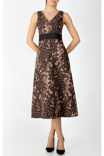 Rochie midi din jacard satinat, în culoarea Cafe Creme, cu frumoase motive florale