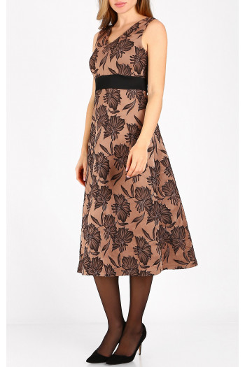 Rochie elegantă din jacquard satinat, în culoarea Cafe Crème, cu frumoase motive florale negre [1]