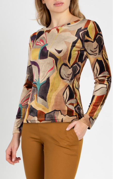 Bluză din catifea cu decolteu tip barcă, cu imprimeu floral abstract, &icirc;n tonuri bej de toamnă