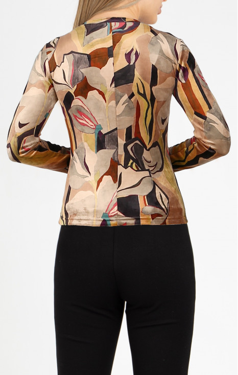 Bluză din catifea cu decolteu tip barcă, cu imprimeu floral abstract, &icirc;n tonuri bej de toamnă