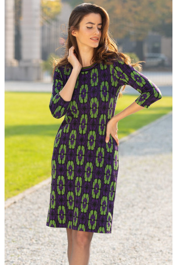 Rochie dreaptă din tricot moale, cu imprimeu floral în culorile Royal Purple și Forest Green