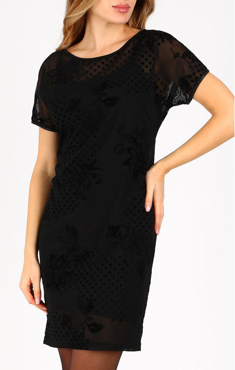 Rochie elegantă, neagră, cu buline și flori stilizate din catifea.