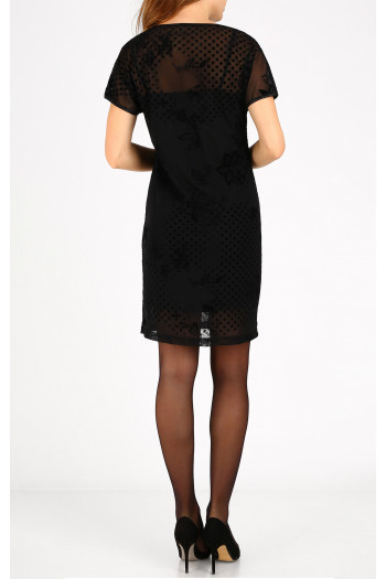 Rochie elegantă, neagră, cu buline și flori stilizate din catifea. [1]