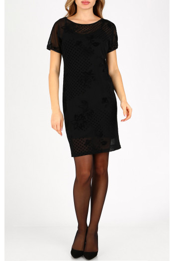 Rochie elegantă, neagră, cu buline și flori stilizate din catifea.