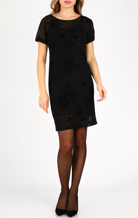 Rochie elegantă, neagră, cu buline și flori stilizate din catifea.