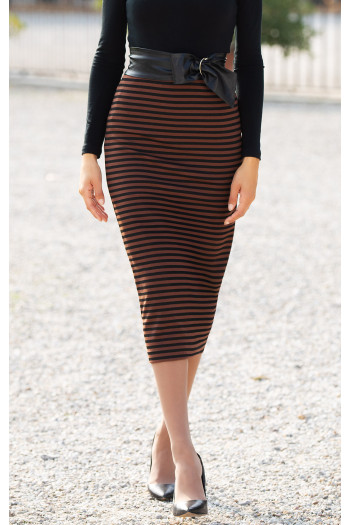 Fustă midi stilată, în culoarea Rustic Brown cu dungi negre