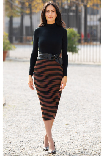 Fustă midi stilată, în culoarea Rustic Brown cu dungi negre [1]