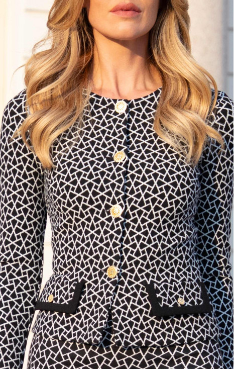 Sacou elegant din jacard tricotat de lux, cu motive geometrice în alb și negru