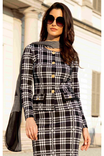 Sacou stilat din jacard tricotat luxos, în carou alb-negru