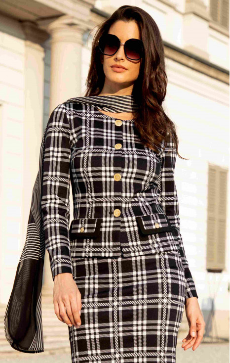 Sacou stilat din jacard tricotat luxos, în carou alb-negru