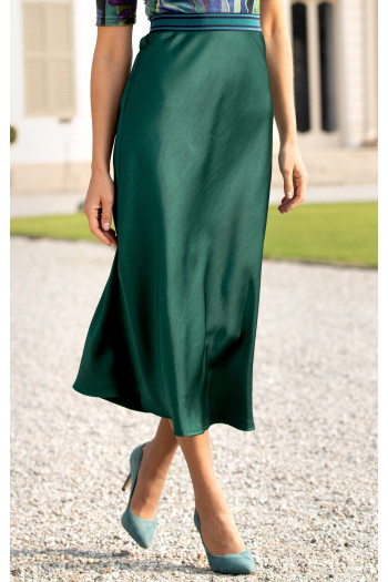 Fustă midi elegantă din satin, în culoarea Pine Green