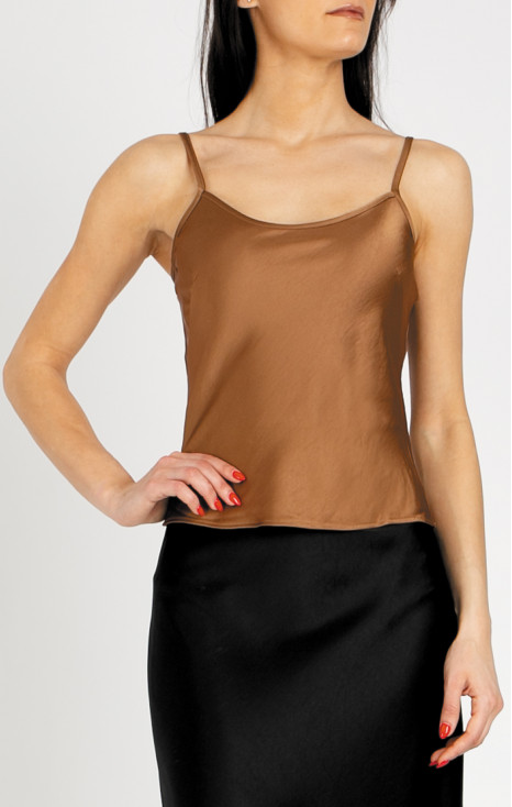 Top elegant din satin, cu bretele subțiri, &icirc;n culoarea Brown Sugar