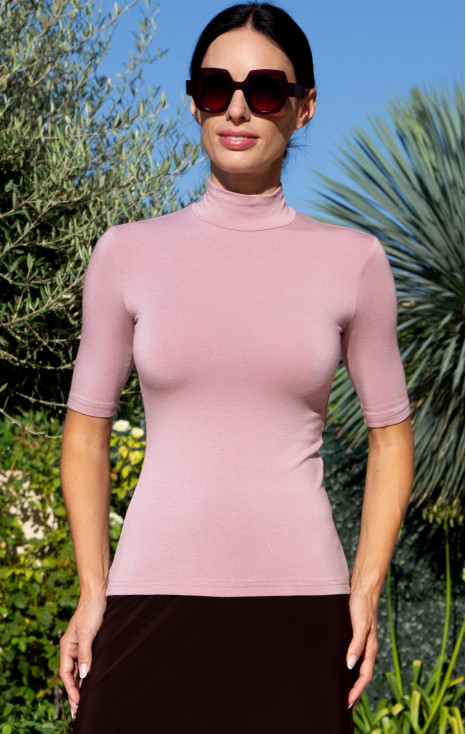 Dusty Rose Fitted Soft Jersey Mock-Neck Blouse