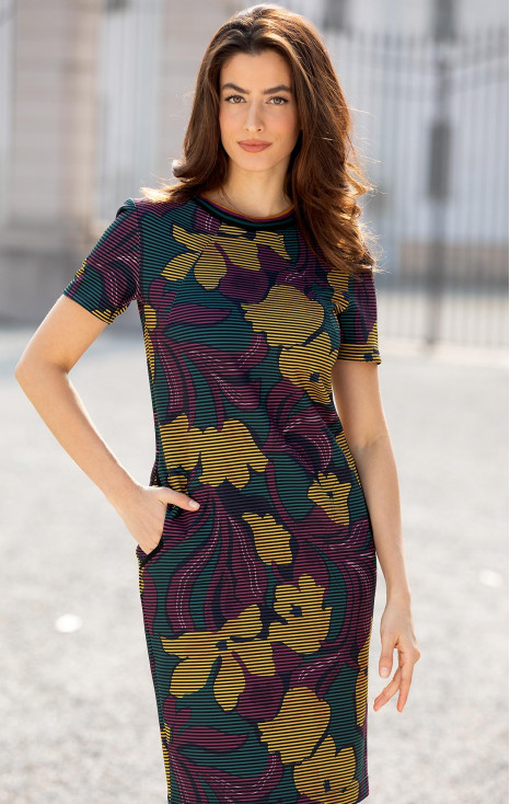 Elegant Heavy Knit Dress in a Beautiful Floral Print in Burgundy and Mustard on an Olive Green Backg [1]