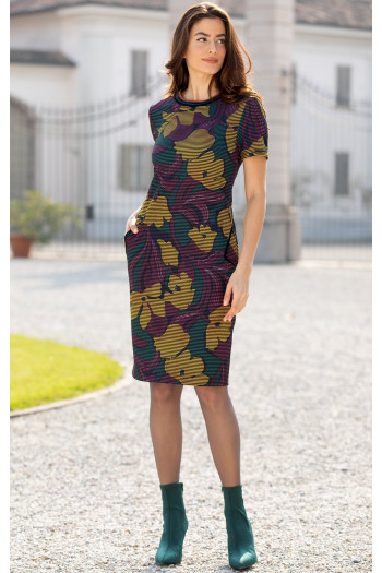 Elegant Heavy Knit Dress in a Beautiful Floral Print in Burgundy and Mustard on an Olive Green Backg