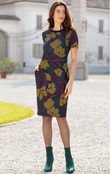 Elegant Heavy Knit Dress in a Beautiful Floral Print in Burgundy and Mustard on an Olive Green Backg