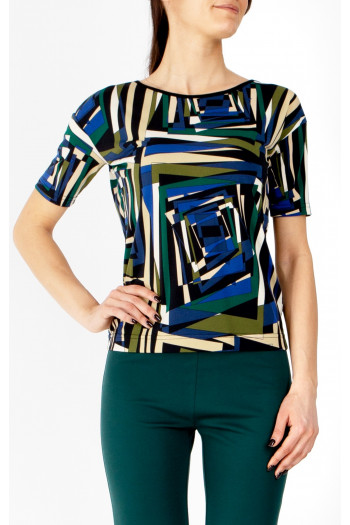 Striking blouse with an abstract geometric print in Royal Blue, Green Olive, and Ecru