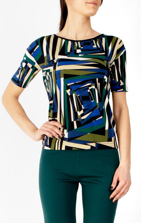Striking blouse with an abstract geometric print in Royal Blue, Green Olive, and Ecru