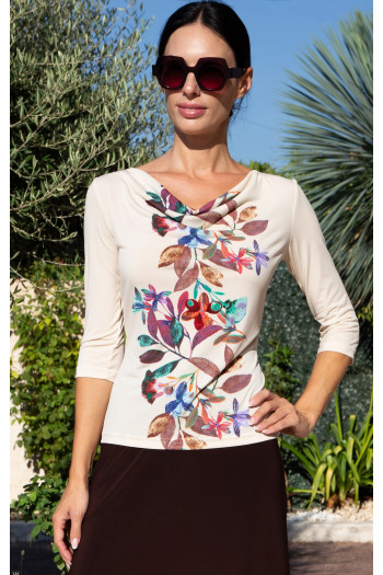 Elegantă bluză în culoarea Vanilla Ice cu imprimeu floral vertical