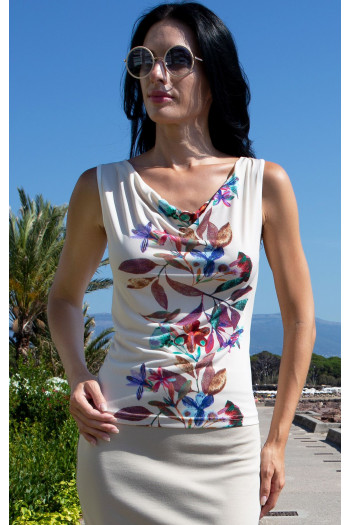 Bluză stilată cu decolteu drapat, în culoarea Vanilla Ice, cu bordură florală verticală