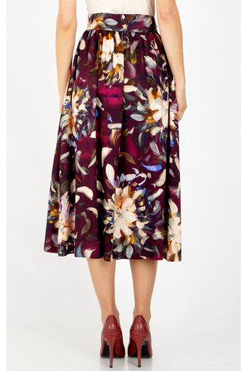 Midi fustă din vâscoză luxoasă, în culoarea Grape Wine, cu un print floral pictural [1]