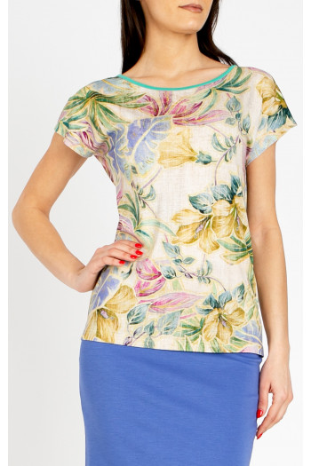 Bluză cu siluetă lejeră, în culoarea bej nisipiu, cu motive florale delicate