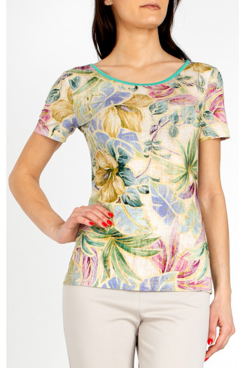 Bluză cambrată în culoarea bej nisipiu, cu motive florale delicate