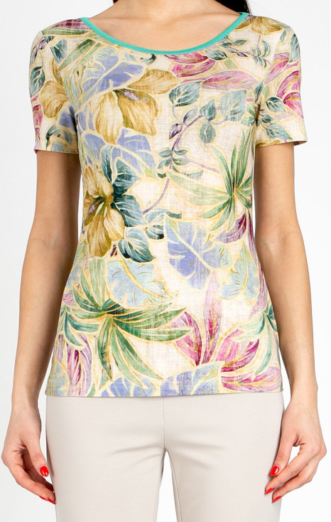 Bluză cambrată &icirc;n culoarea bej nisipiu, cu motive florale delicate