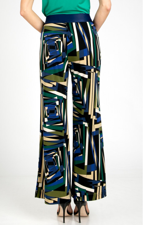 Pantaloni din tricot cu imprimeu geometric abstract &icirc;n culorile Royal Blue, Green Olive și Ecru