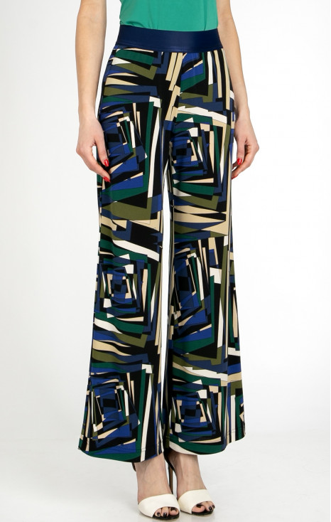 Pantaloni din tricot cu imprimeu geometric abstract &icirc;n culorile Royal Blue, Green Olive și Ecru