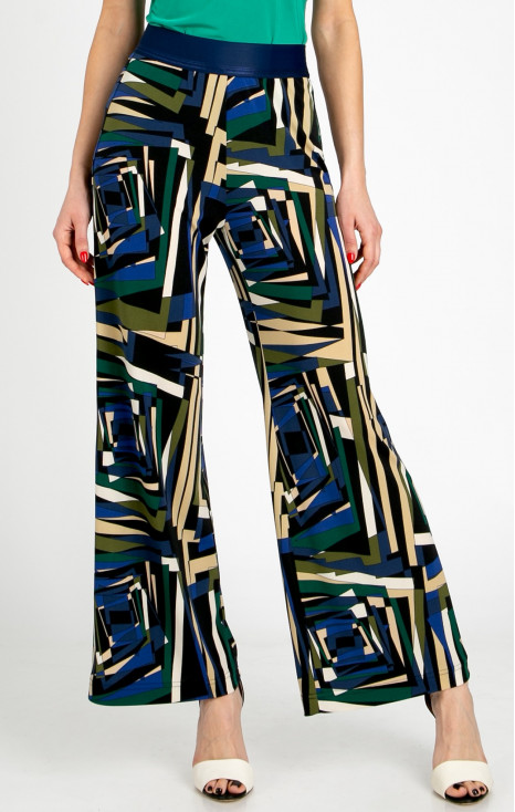 Pantaloni din tricot cu imprimeu geometric abstract &icirc;n culorile Royal Blue, Green Olive și Ecru