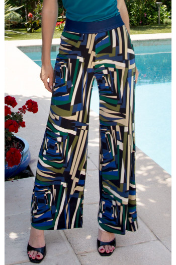 Pantaloni din tricot cu imprimeu geometric abstract în culorile Royal Blue, Green Olive și Ecru