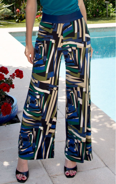 Pantaloni din tricot cu imprimeu geometric abstract în culorile Royal Blue, Green Olive și Ecru