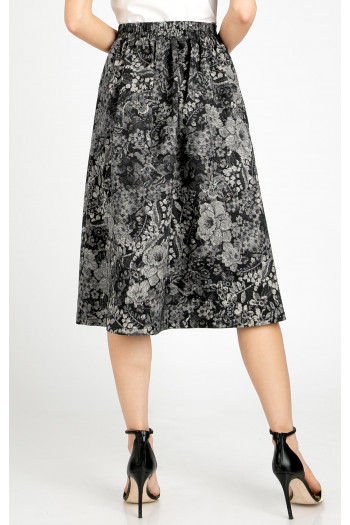 Fustă midi elegantă cu imprimeu floral în ecru pe fundal negru [1]
