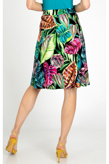 Fustă scurtă cloș cu motive florale intense în nuanțe de Fuchsia, Turquoise și Green [1]