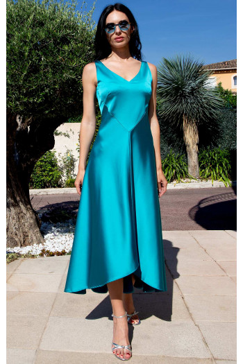 Rochie de ocazie impresionantă, realizată din saten plin și greu, în culoarea Lake Blue
