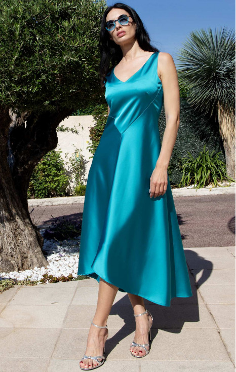Rochie de ocazie impresionantă, realizată din saten plin și greu, în culoarea Lake Blue [1]