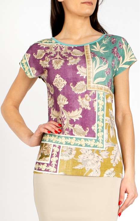 Bluză elegantă cu imprimeu artistic tip patchwork