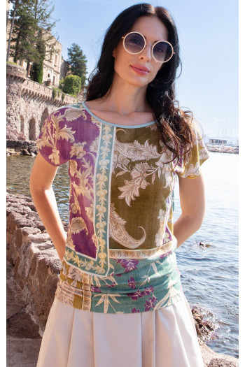 Bluză elegantă cu imprimeu artistic tip patchwork