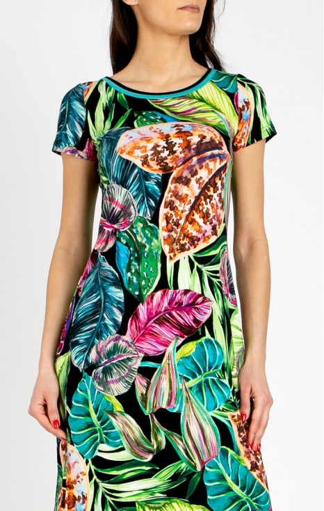 Rochie confortabilă din tricot, cu motive florale intense &icirc;n nuanțe de Fuchsia, Turquoise și Green