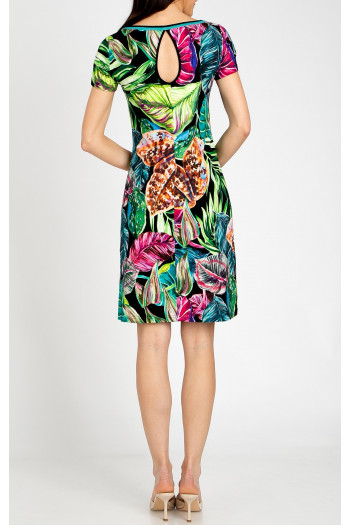 Rochie confortabilă din tricot, cu motive florale intense în nuanțe de Fuchsia, Turquoise și Green [1]