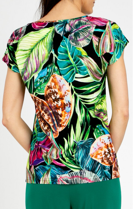 Bluză cu motive florale intense &icirc;n nuanțe de Fuchsia, Turquoise și Green