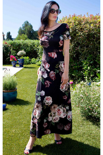 Rochie midi neagră cu imprimeu Midnight Peony