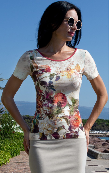 Short-Sleeve Jersey Top &ndash; Floral Symphony Ecru