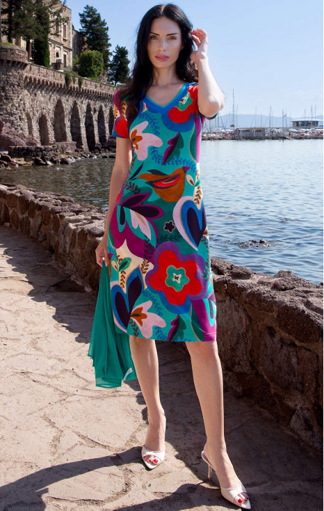 Rochie de vară proaspătă din tricot, cu imprimeu floral pictural &icirc;n culori vibrante